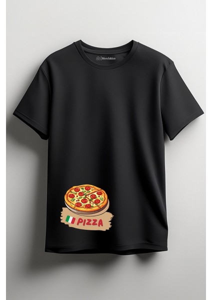Pizza Italya Baskılı Unisex T-Shirt Siyah