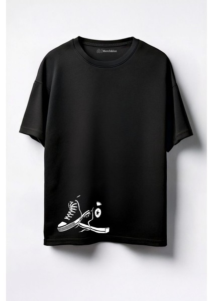 Siyah Ayakkabı Baskılı Unisex Oversize T-Shirt Siyah