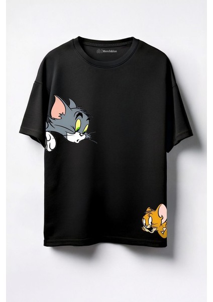 Jerry ve Tom Baskılı Unisex Oversize T-Shirt Siyah