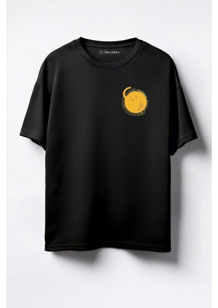 Saçını Tarayan Güneş Baskılı Unisex Oversize T-Shirt Siyah