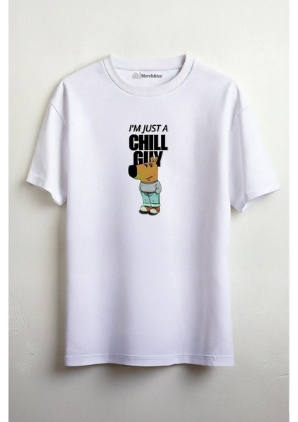 I Am Just A Chill Guy Baskılı Unisex Oversize T-Shirt Beyaz