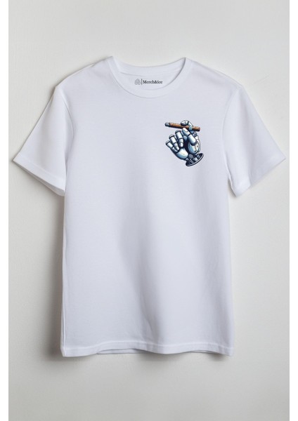 Robot Eli Baskılı Unisex T-Shirt Beyaz