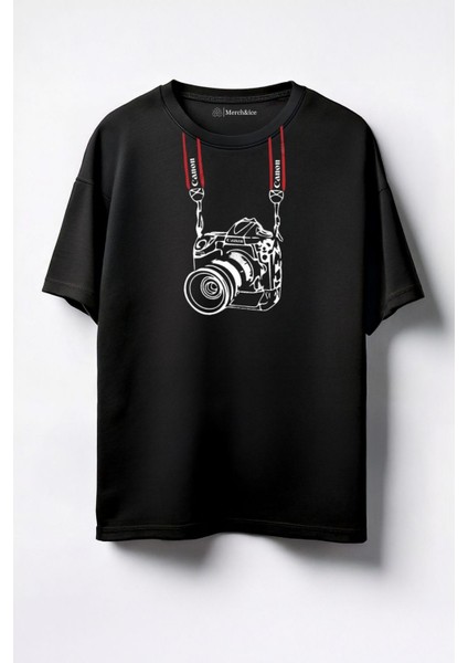 Boyun Askılı Kamera Baskılı Unisex Oversize T-Shirt Siyah