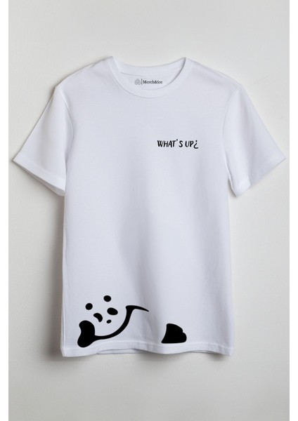 Whats Up Yatan Panda Baskılı Unisex T-Shirt Beyaz