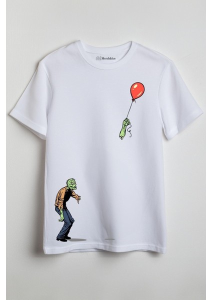 Balonlu Zombi Baskılı Unisex T-Shirt Beyaz