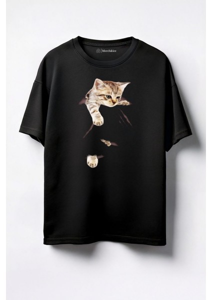 Yırtık Kedi Baskılı Unisex Oversize T-Shirt Siyah