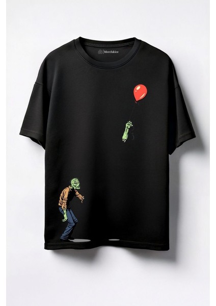 Balonlu Zombi Baskılı Unisex Oversize T-Shirt Siyah