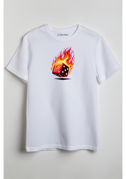 Şans Zarı Luck Baskılı Unisex T-Shirt Beyaz