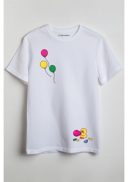 Civcivin Balonları Baskılı Unisex T-Shirt Beyaz