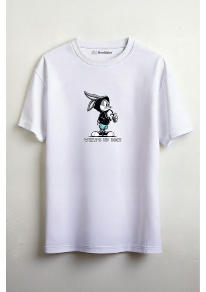 Bugs Bunny What's Up Doc Baskılı Unisex Oversize T-Shirt Beyaz