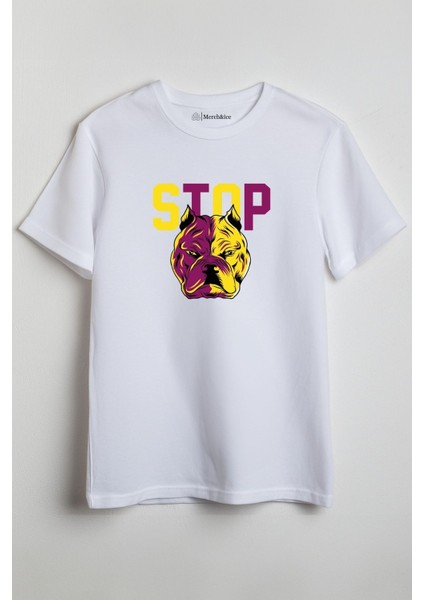 Stop Buldog Baskılı Unisex T-Shirt Beyaz