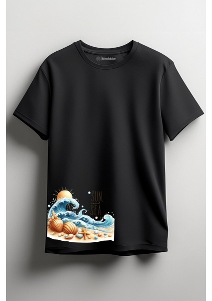 Sun And Sea Baskılı Unisex T-Shirt Siyah