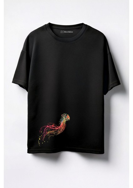 Renkli Denizanası Baskılı Unisex Oversize T-Shirt Siyah