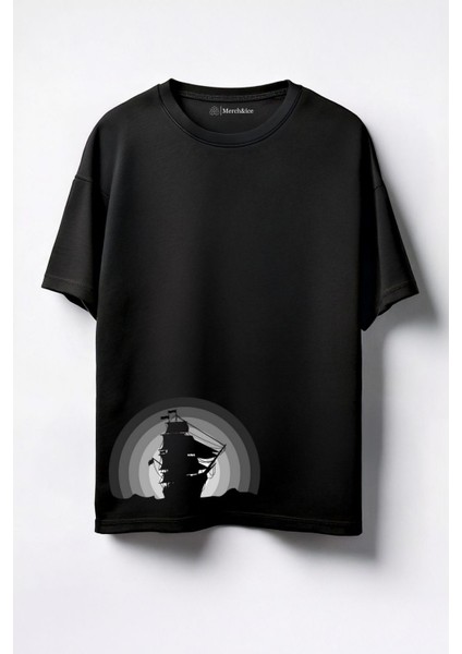 Korsan Gemisi Baskılı Unisex Oversize T-Shirt Siyah