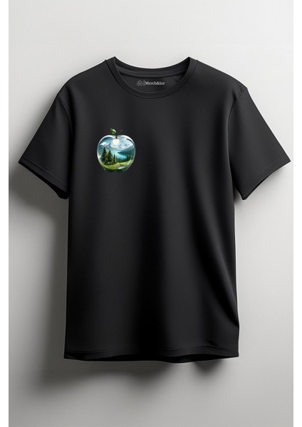 Yeşil Elma Baskılı Unisex T-Shirt Siyah