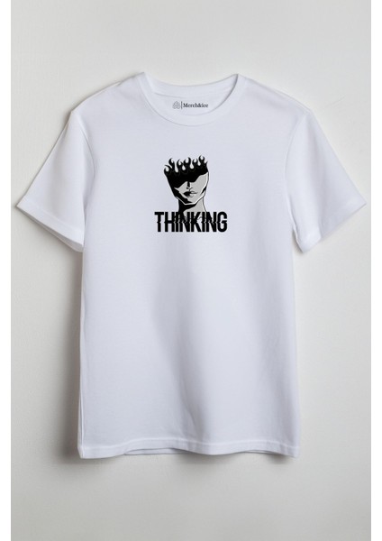 Thinking Burn Baskılı Unisex T-Shirt Beyaz