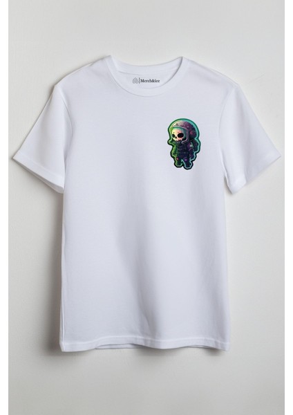 Astronot Kuru Kafa Baskılı Unisex T-Shirt Beyaz