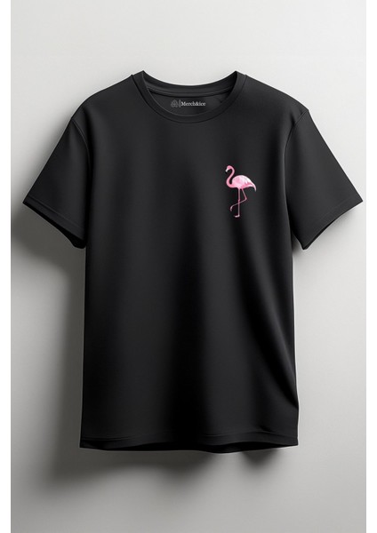 Flamingo Göğüs Baskılı Unisex T-Shirt Siyah