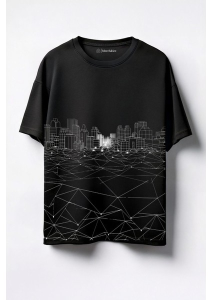 Karışık Şehir Baskılı Unisex Oversize T-Shirt Siyah