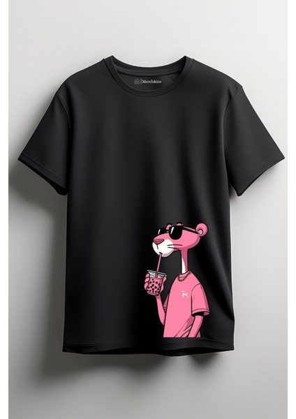 Pembe Panter Alt Tarafa Baskılı Unisex T-Shirt Siyah