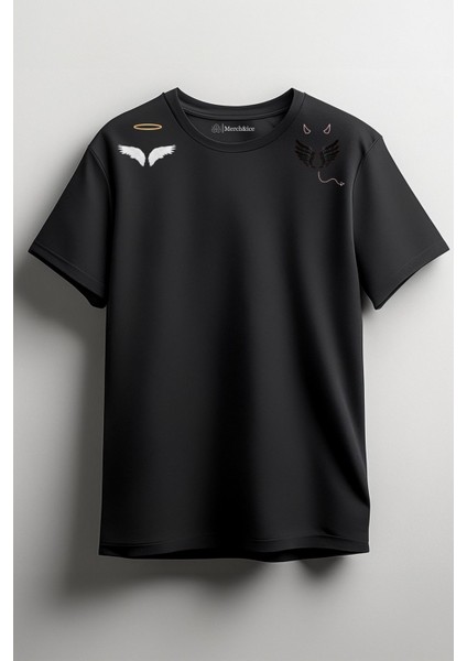 Tarafını Seç Melek Şeytan Baskılı Unisex T-Shirt Siyah