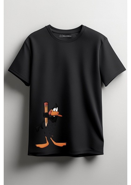 Kendini Çizen Duffy Duck Baskılı Unisex T-Shirt Siyah