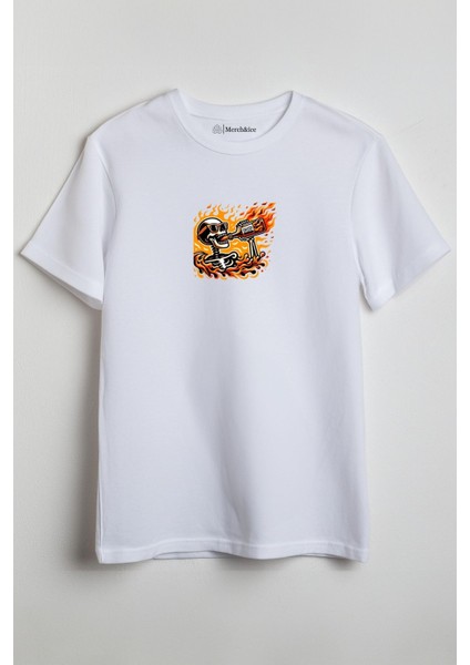 Alkolik Iskelet Baskılı Unisex T-Shirt Beyaz