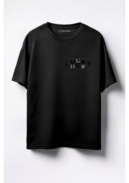 Lucky Baskılı Unisex Oversize T-Shirt Siyah