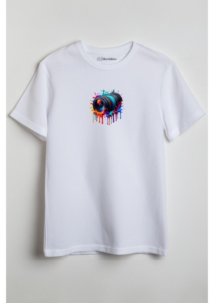 Fotoğraf Makinası Lensi Baskılı Unisex T-Shirt Beyaz