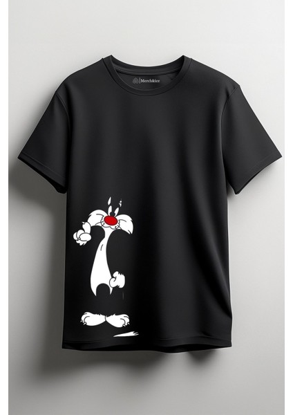 Sylvester Kedi Baskılı Unisex T-Shirt Siyah