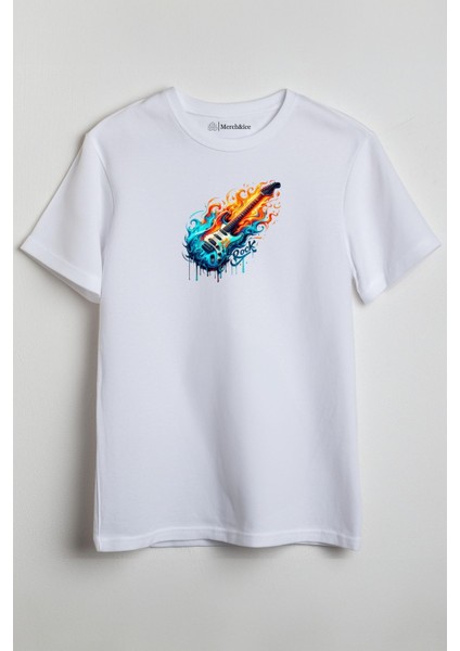 Alevli Gitar Baskılı Unisex T-Shirt Beyaz
