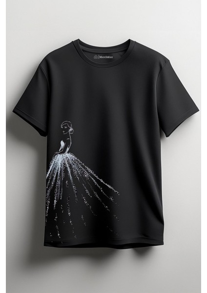 Parlak Gelinlikli Kız Baskılı Unisex T-Shirt Siyah