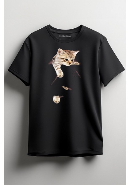 Yırtık Kedi Baskılı Unisex T-Shirt Siyah