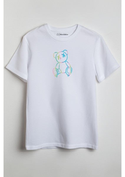 Rengarenk Ayı Baskılı Unisex T-Shirt Beyaz