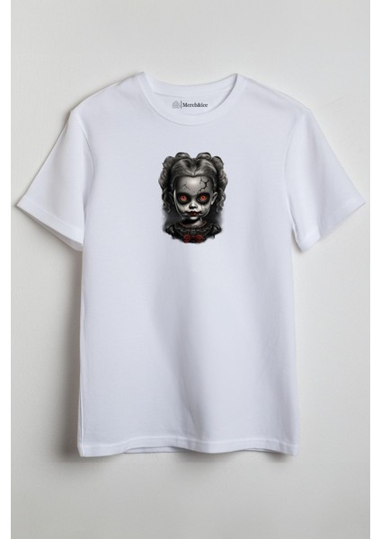 Korku Siyah Kız Baskılı Unisex T-Shirt Beyaz