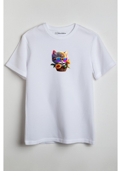 Renkli Sepette Süslü Kedi Baskılı Unisex T-Shirt Beyaz