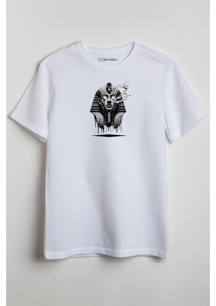 Mısır Firavun Baskılı Unisex T-Shirt Beyaz