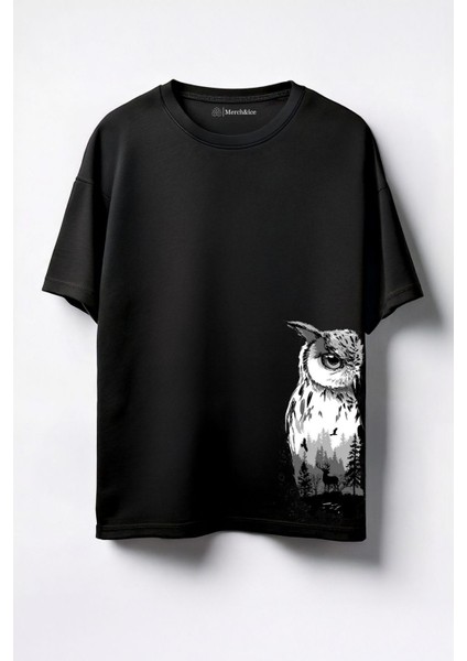 Baykuş Hp Baskılı Unisex Oversize T-Shirt Siyah