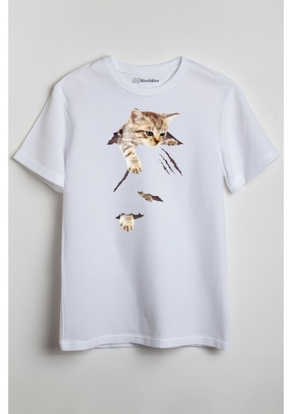 Yırtık Kedi Baskılı Unisex T-Shirt Beyaz