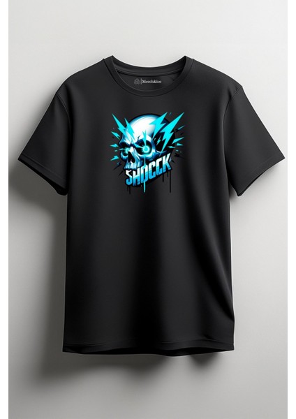 Shock Mavi Kuru Kafa Baskılı Unisex T-Shirt Siyah