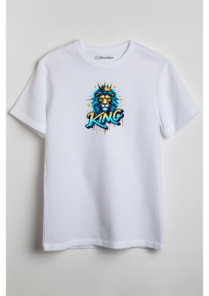 King Mavi Aslan Baskılı Unisex T-Shirt Beyaz