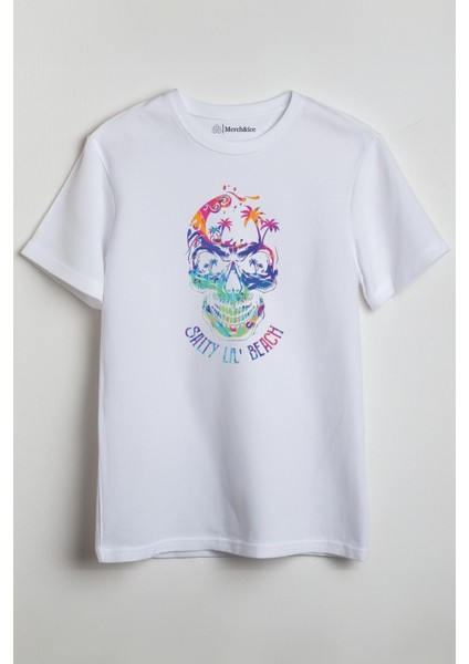 Kuru Kafa Beach Baskılı Unisex T-Shirt Beyaz