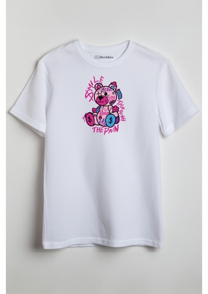 The Pain Smile Bear Baskılı Unisex T-Shirt Beyaz
