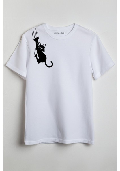 Çizen Kedi Baskılı Unisex T-Shirt Beyaz