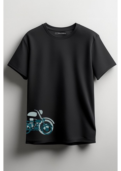 Motorlu Baskılı Unisex T-Shirt Siyah