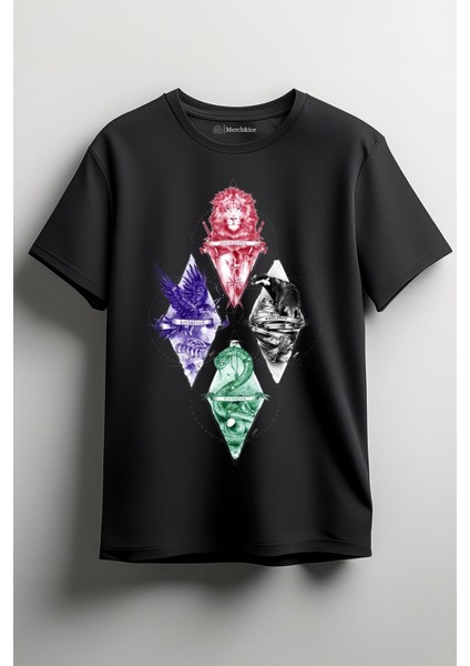 Harry Potter - Hogwarts (Gryffindor, Hufflepuff, Ravenclaw, Slytherin) Baskılı Unisex T-Shirt Siyah