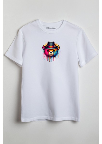 Renkli Bear Şapkalı Ayı Baskılı Unisex T-Shirt Beyaz