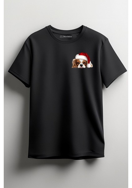Yılbaşı Şapkalı Köpek Baskılı Unisex T-Shirt Siyah