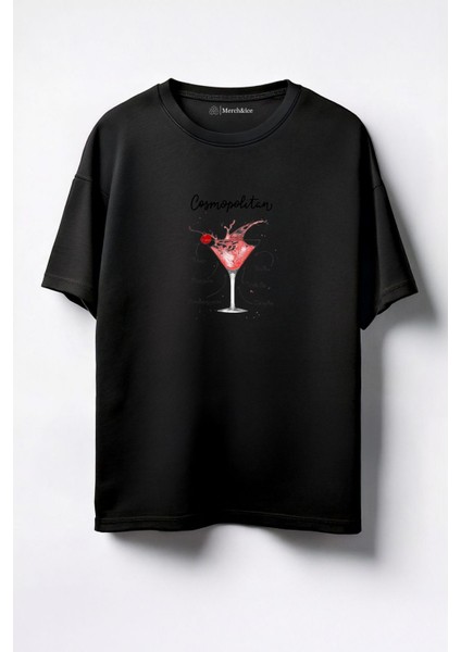 Tarifli Cosmopolitan Baskılı Unisex Oversize T-Shirt Siyah