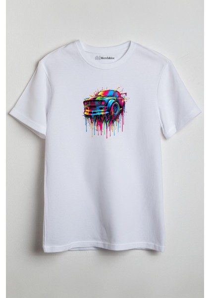 Renkli Spor Araba Baskılı Unisex T-Shirt Beyaz